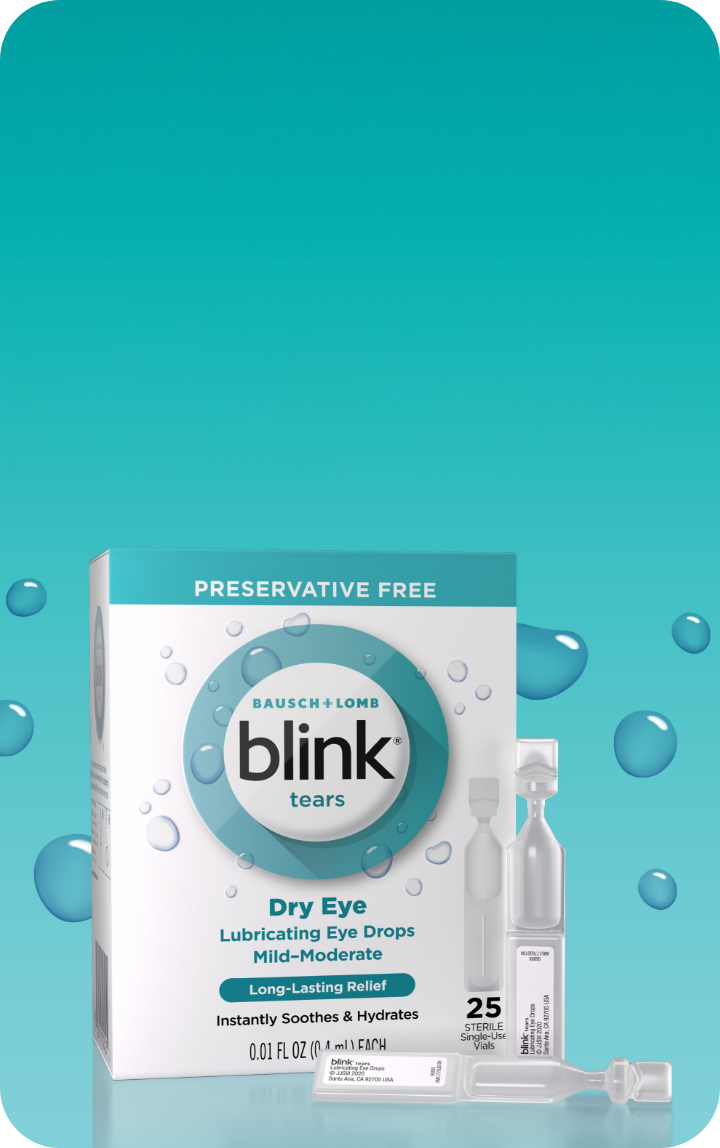 Two single-use vials of Blink Tears Lubricating Eye Drops next to their package