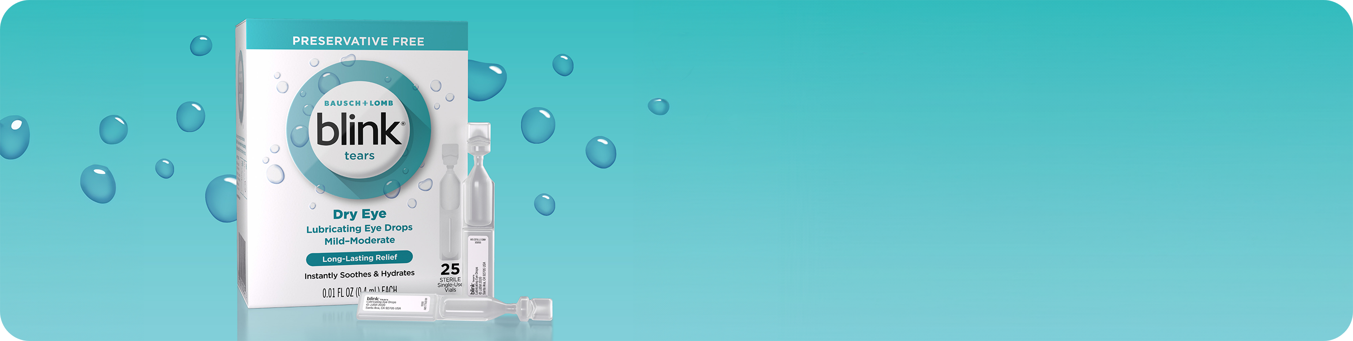 Blink Tears Preservative Free Dry Eye Lubricating Eye Drops packaging and single-use vials.