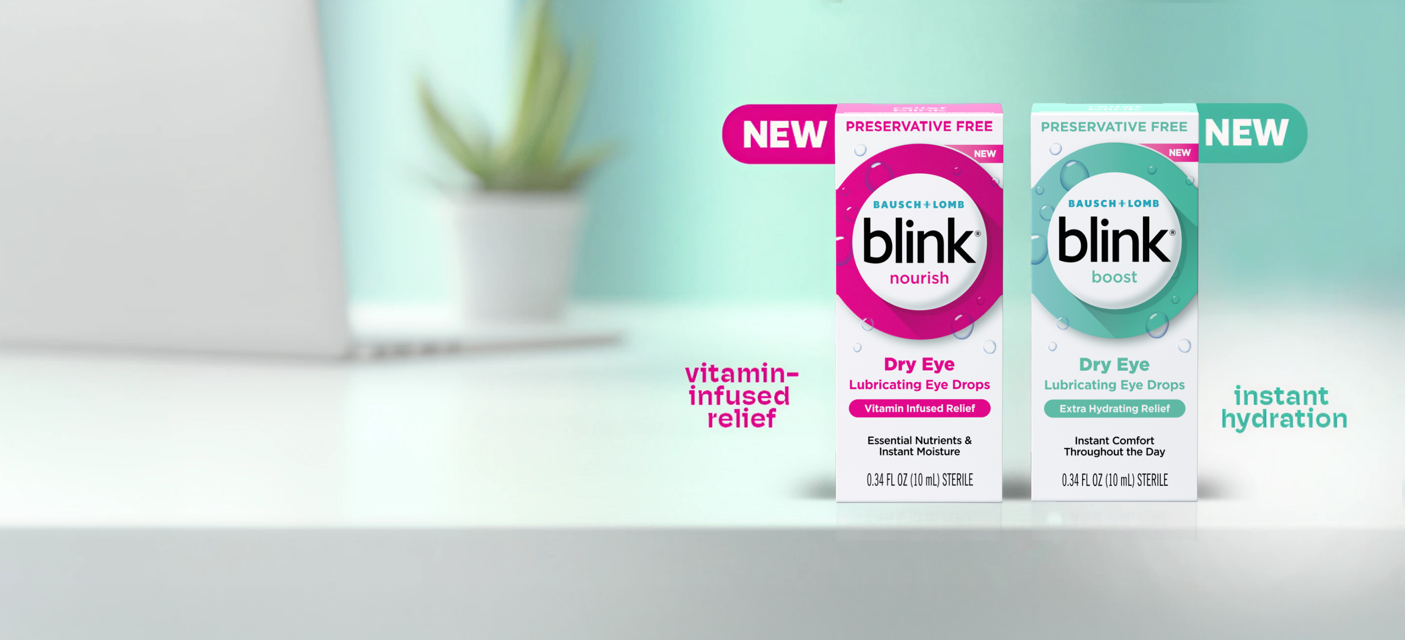 Blink Nourish Lubricating Eye Drops package next to Blink Boost Lubricating Eye Drops package on a table
