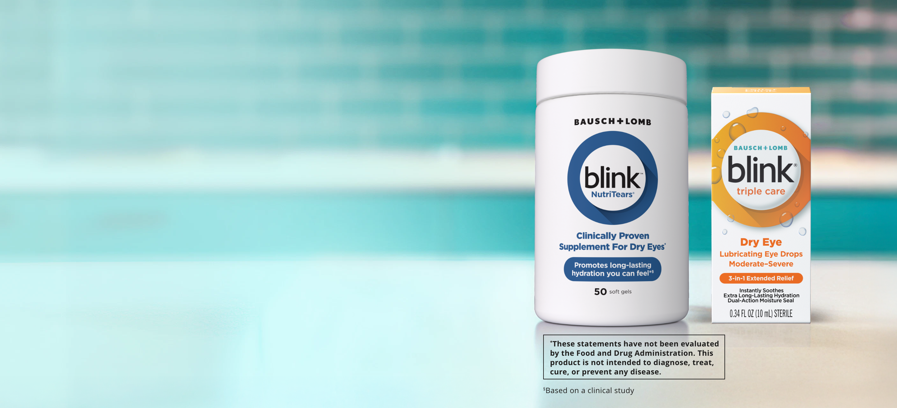 Blink NutriTears Supplement for Dry Eyes bottle next to Blink Triple Care Lubricating Eye Drops package on a table