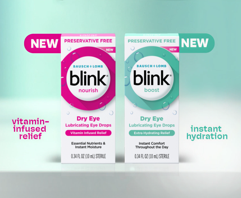 Blink Nourish Lubricating Eye Drops package next to Blink Boost Lubricating Eye Drops package on a table