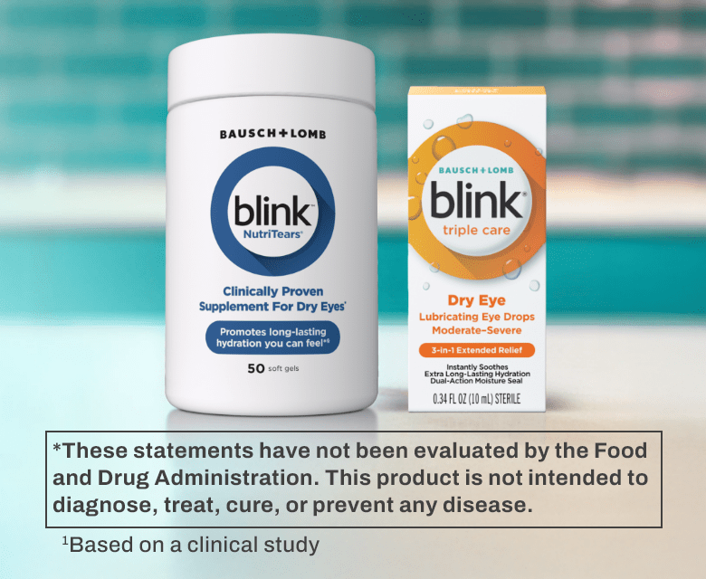 Blink NutriTears Supplement for Dry Eyes bottle next to Blink Triple Care Lubricating Eye Drops package on a table