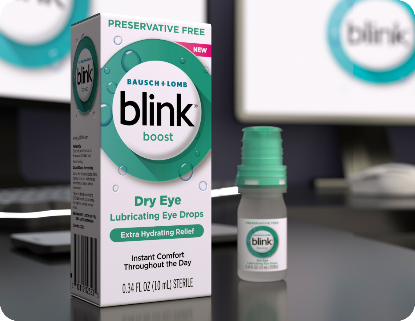 Blink Boost Dry Eye Lubricating Eye Drops packaging and bottle on a desk