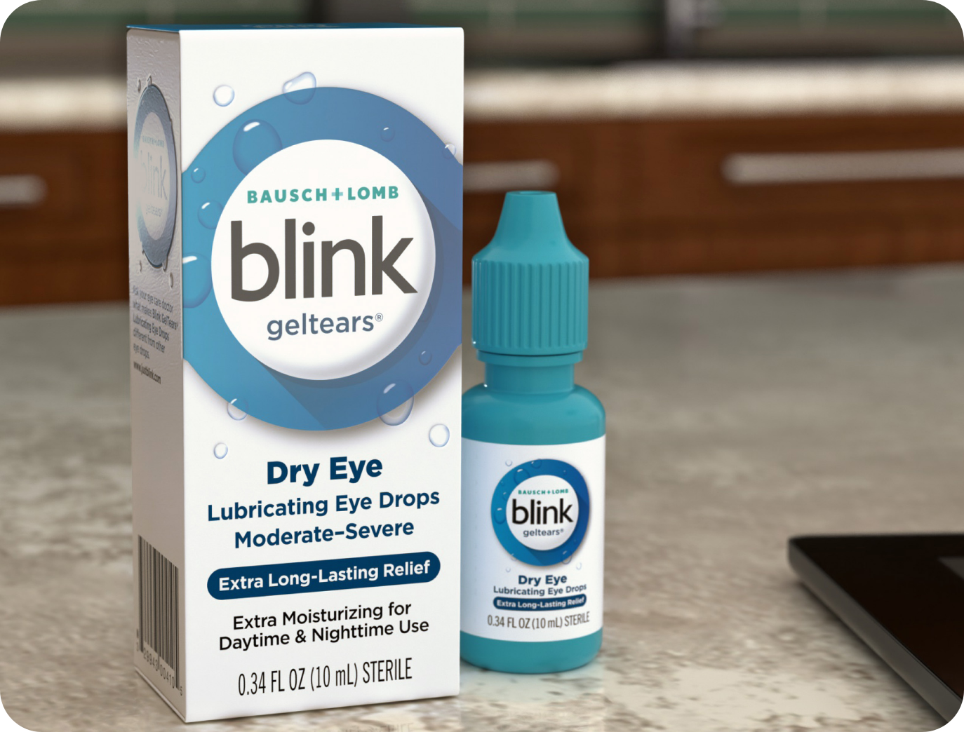 Blink GelTears Lubricating Eye Drops bottle and package on a desk