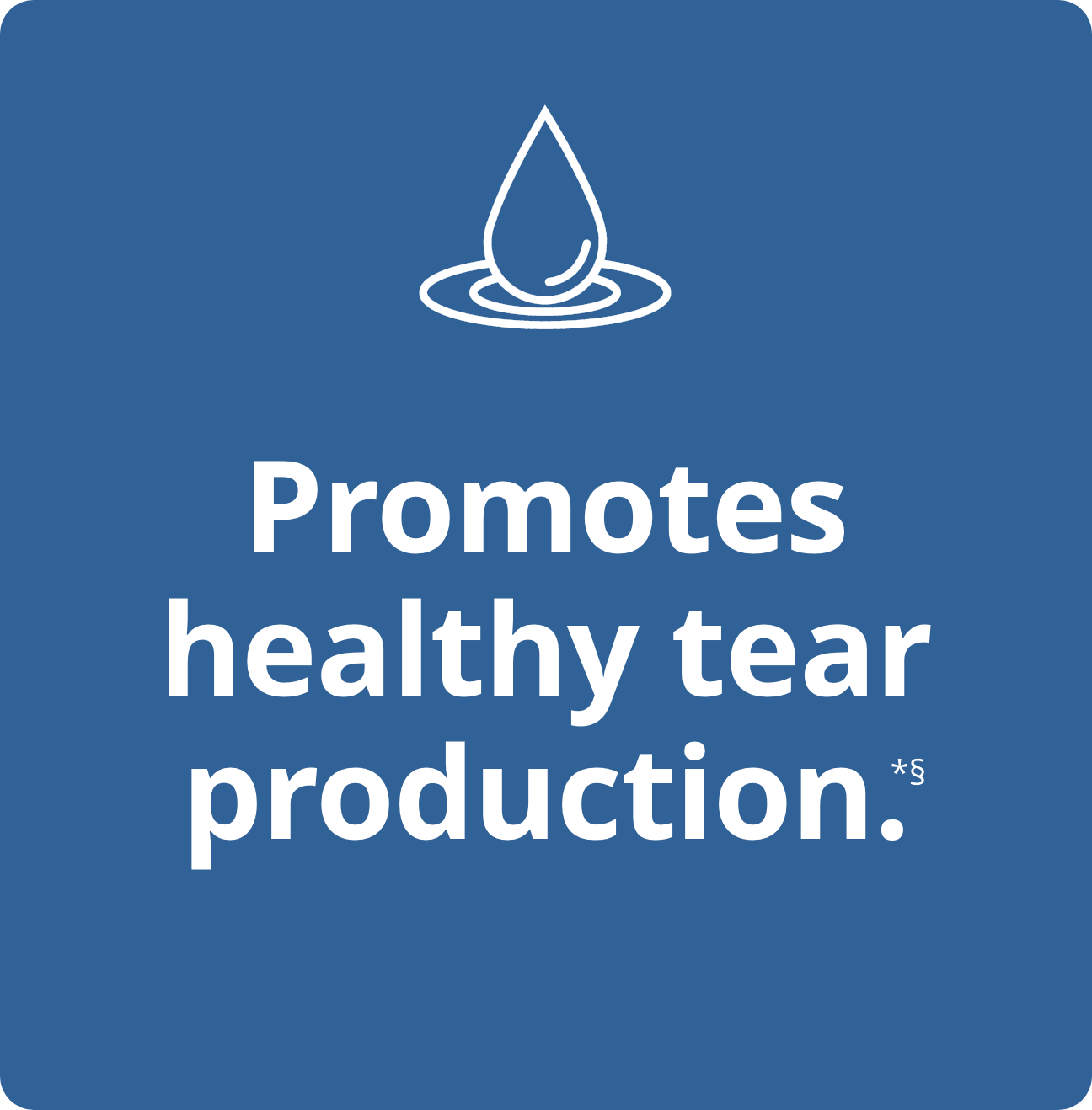 Graphic of eye drop icon with text 'Promotes healthy tear production'