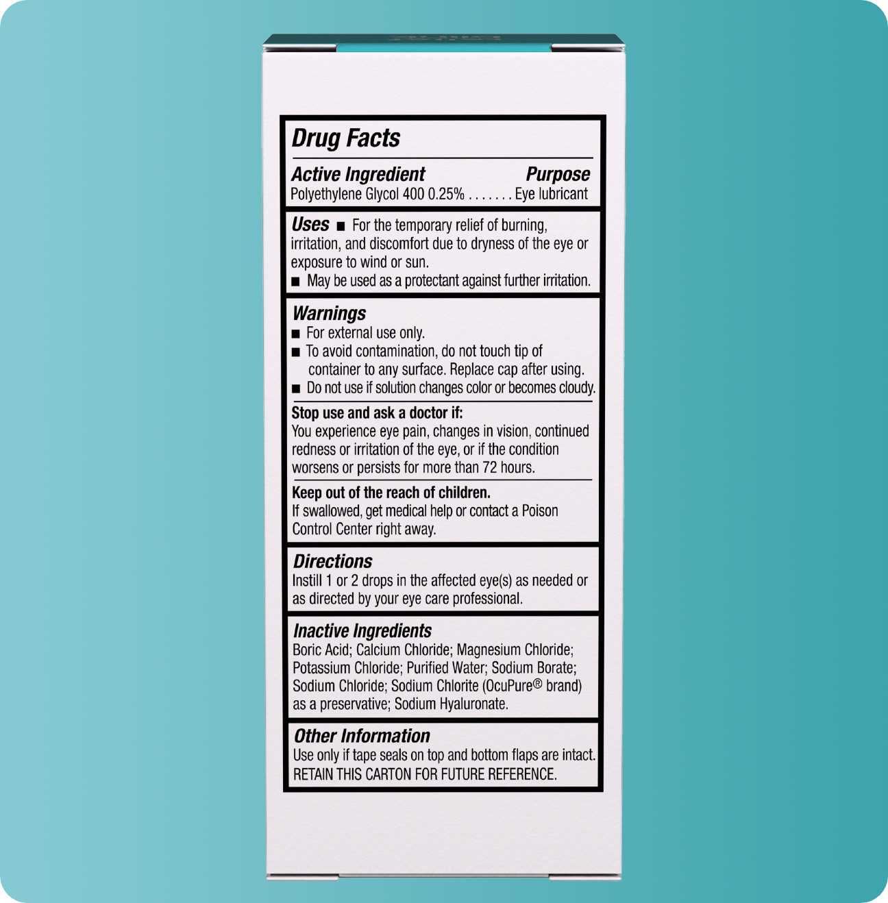 Blink Tears package with product drug facts