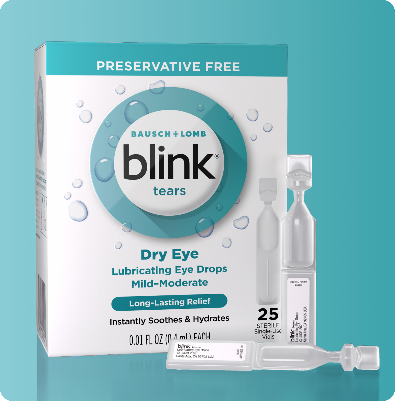 Blink Tears Preservative Free Lubricating Eye Drops vials and package