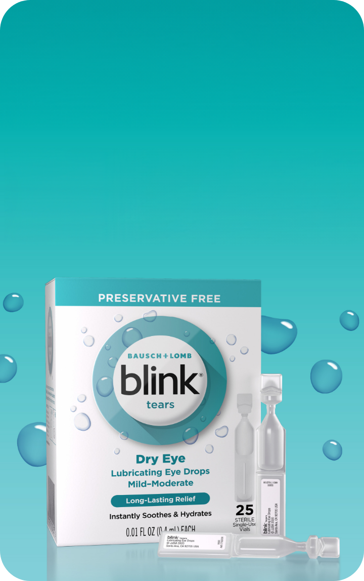 Two single-use vials of Blink Tears Lubricating Eye Drops next to their package