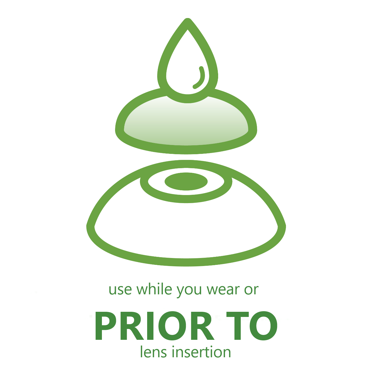 Icon illustrating eye drop application to contact lens, indicating use while wearing contacts or prior to lens insertion.